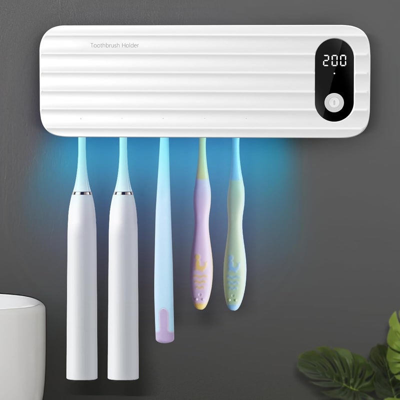 AuntyFey Sanitizeri Toothbrush Cleaner with 5 Slots, Smart Sanitizeri Toothbrush Holder Organizer, Cordless No Drilling Wall Mounted Rechargeable Holders for Bathroom Family, 200/400s Timer Function - Image 1